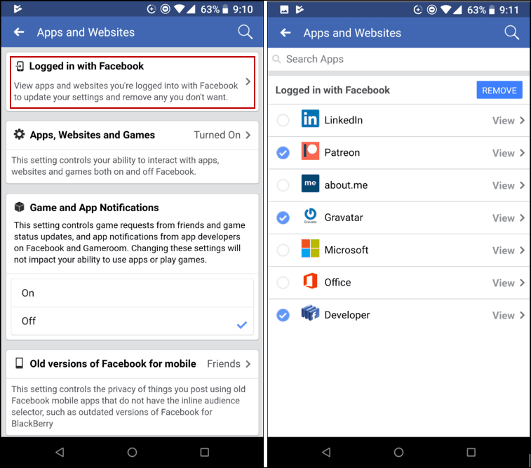 Удалить приложения Facebook Mobile