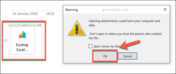 Предупреждение об открытии вложенного файла в OneNote