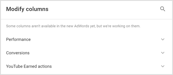 Аналитика Google AdWords изменяет экран столбцов