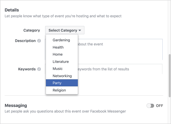Выберите категорию, которая лучше всего описывает ваше виртуальное событие в Facebook.