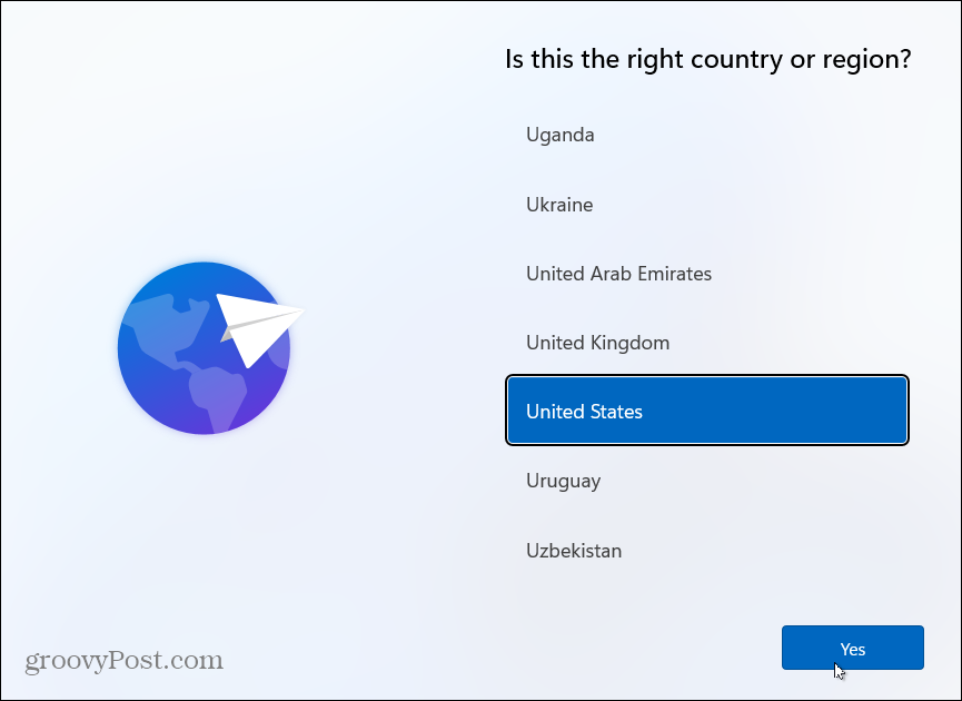 Выберите страну Установить Windows 11