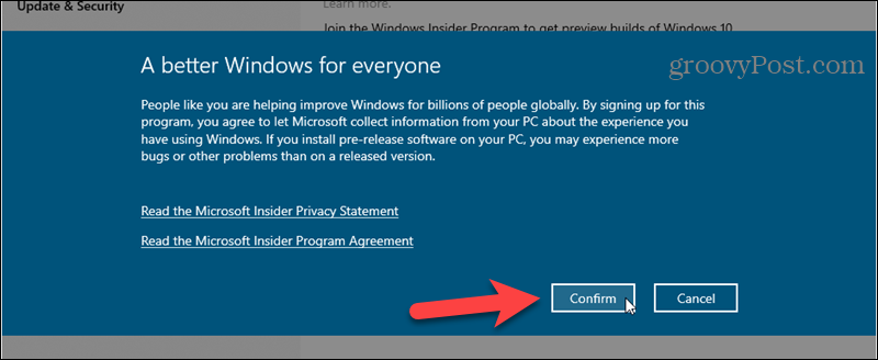 Подтвердите регистрацию в программе предварительной оценки Windows