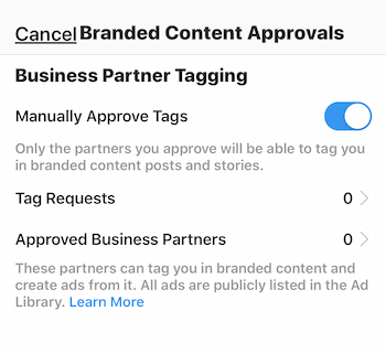 Настройки одобрения брендированного контента Instagram для бизнес-профиля