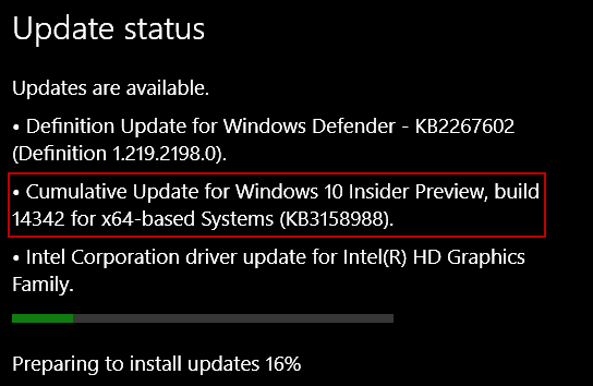 Обновление Windows 10 KB3158988 для Preview Build 14342 для ПК