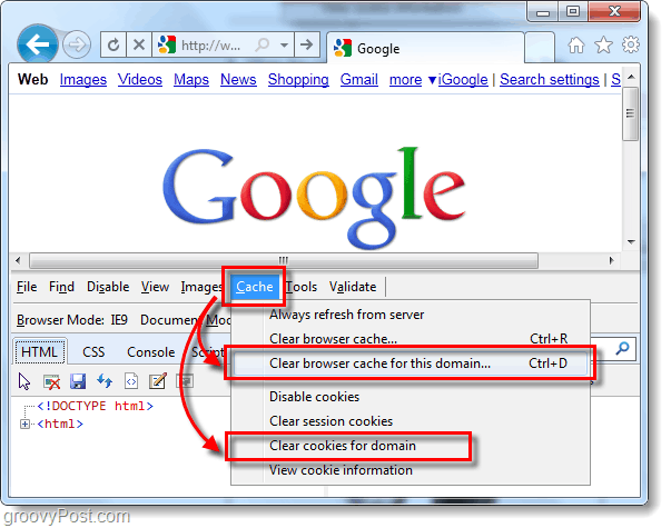 Как очистить кэш и файлы cookie для Internet Explorer 9 для отдельных сайтов