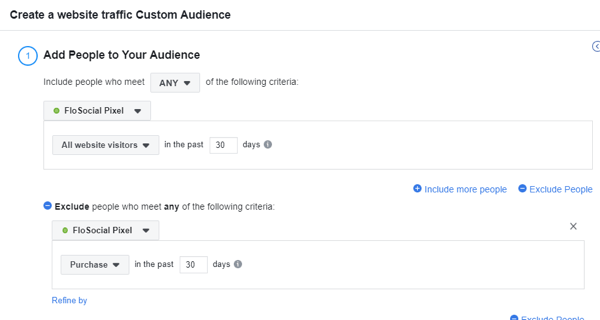 Используйте инструмент настройки событий Facebook, шаг 15, настройки, чтобы создать пользовательскую аудиторию Facebook для посещаемости веб-сайта, за исключением покупок за последние 30 дней.