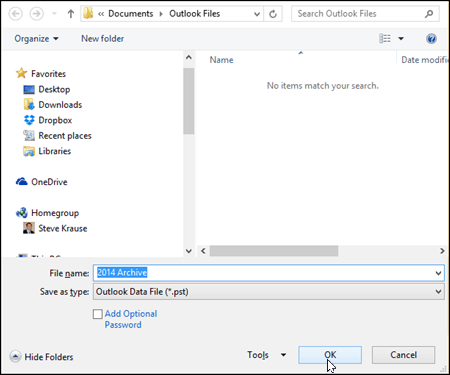 Outlook 2016 - выберите имя и расположение файла PST