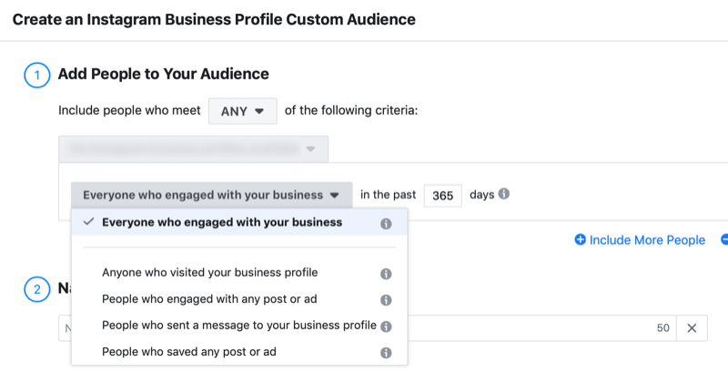 окно настройки для пользовательской аудитории с бизнес-профилем Instagram