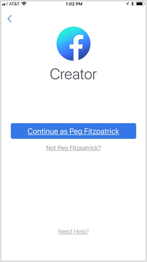 Вход в приложение Facebook Creator