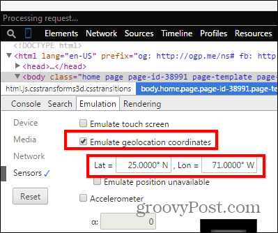 Инструменты разработчика Chrome для эмуляции датчиков lat long
