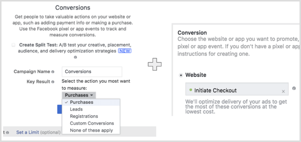 Создайте кампанию Facebook с целью веб-конверсий и выберите действие, которое должна выполнить ваша аудитория.