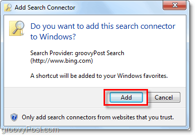 нажмите добавить, когда вы видите окно добавления соединителя поиска Windows 7