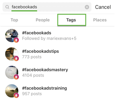 Как стратегически увеличить количество подписчиков в Instagram, шаг 9, найдите подходящие хэштеги, например, выполните поиск по запросу «facebookads»