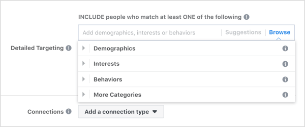 Просмотрите параметры детального таргетинга для рекламы Facebook.