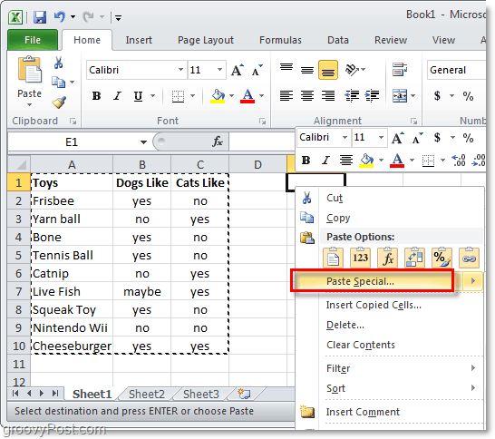 Вставить специальную функцию Excel 2010