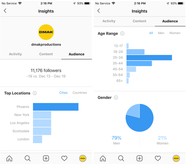 Примеры аналитики Instagram для учетной записи DMAK Productions на вкладке «Аудитория».