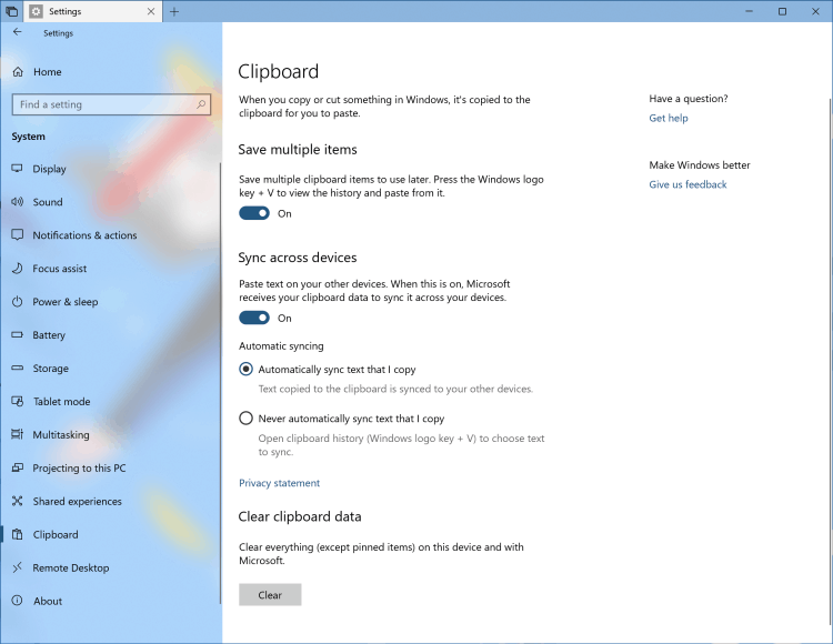 Буфер обмена Windows 10 RS5 Cloud