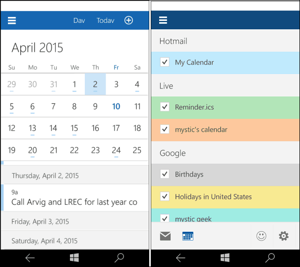 Windows 10 для календаря телефонов