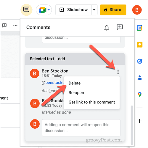 Удаление комментария в Google Slides