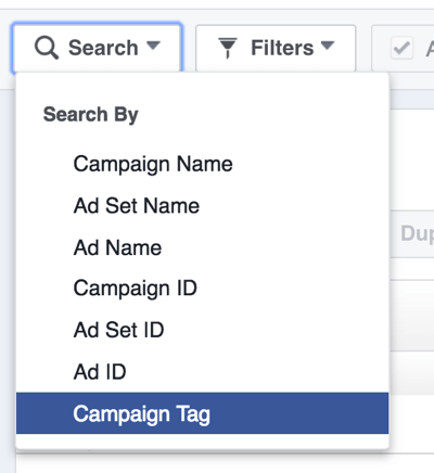 Поиск рекламных кампаний в Facebook по тегу.