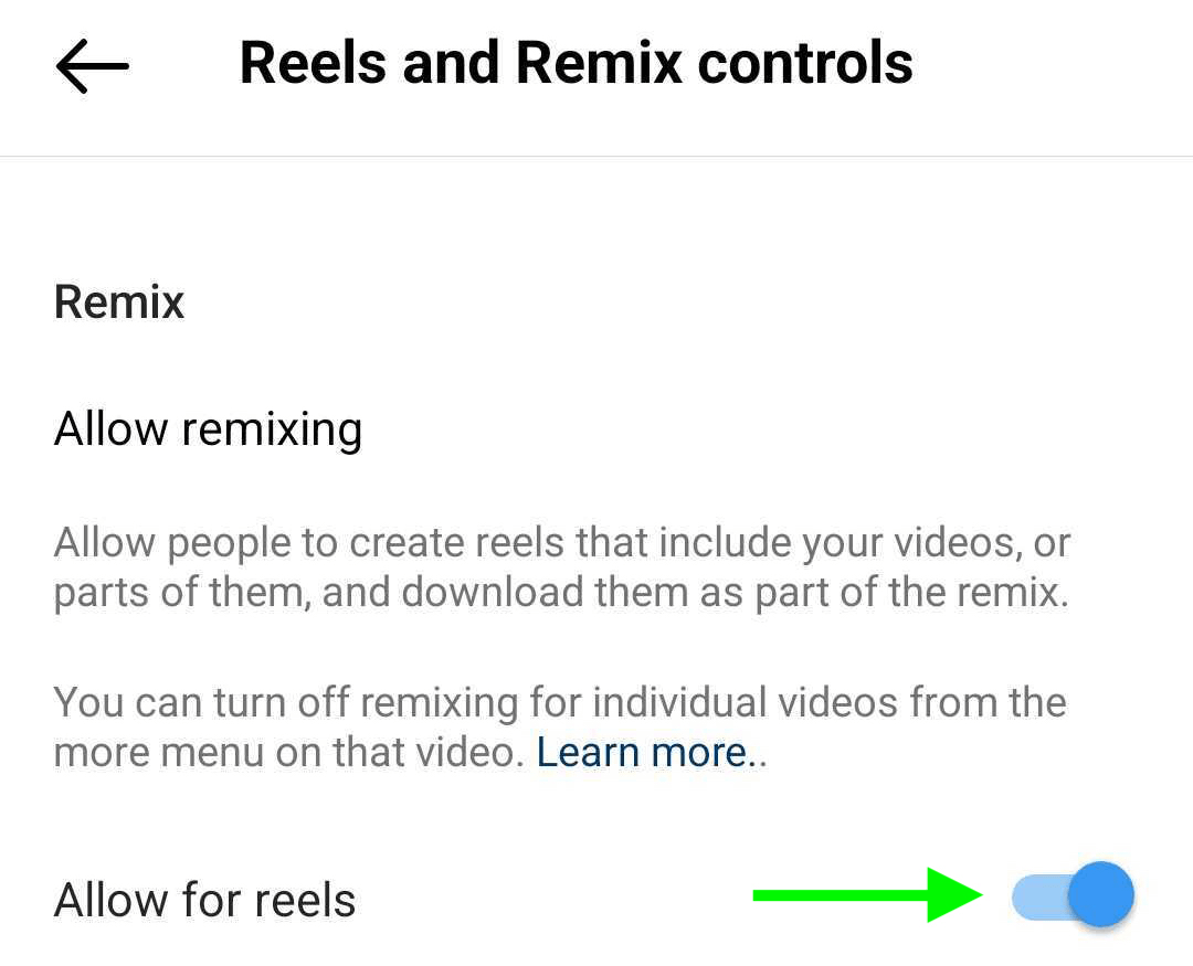 изображение Reels и Remix Controls в настройках бизнес-профиля Instagram
