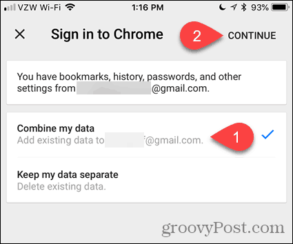 Объедините мои данные в Chrome для iOS