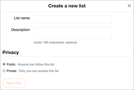 Это снимок экрана диалогового окна «Создать новый список» в Twitter. Вверху находятся два текстовых поля для заполнения имени и описания списка. В области конфиденциальности есть два переключателя: Public и Private. Кнопка «Сохранить список» появляется под параметрами конфиденциальности.