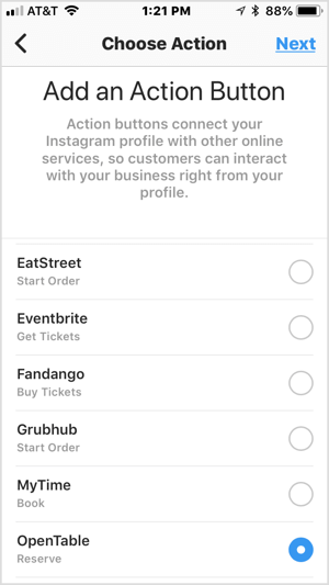 Выберите кнопку действия, чтобы добавить ее в свой бизнес-профиль в Instagram.