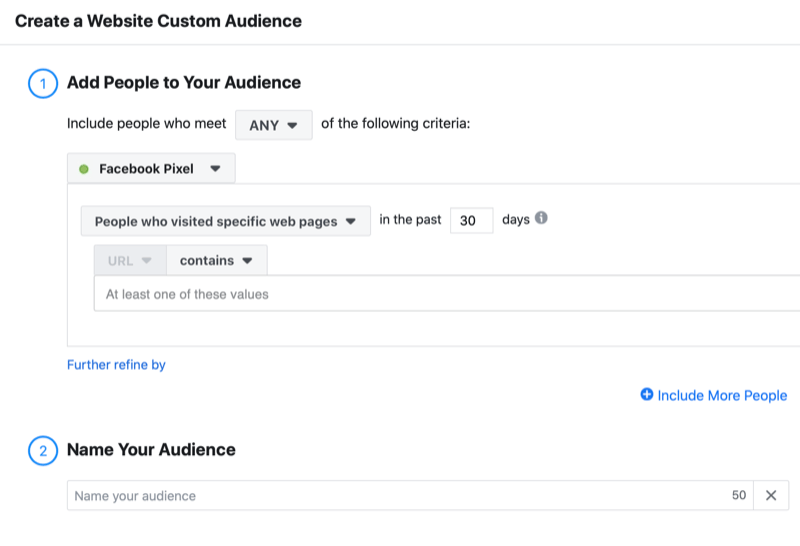 пример facebook создать настраиваемое меню аудитории веб-сайта, включая параметры для добавления любых людей, которые посетили определенные веб-страницы за последние 30 дней с использованием пикселя facebook вместе с возможностью назвать свою аудиторию