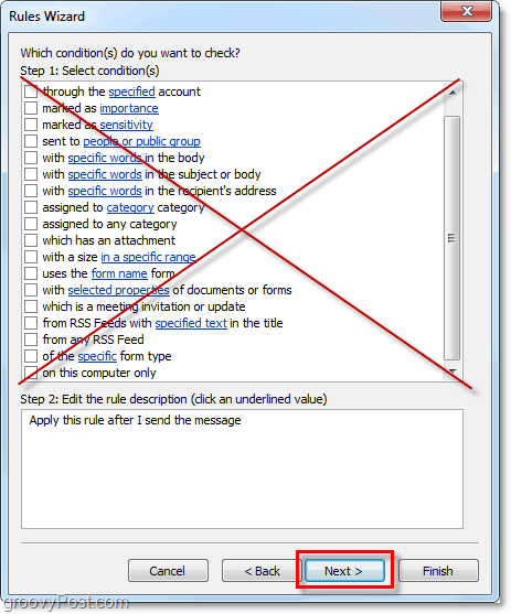 не выбирайте какие-либо условия для Outlook 2010 отправленных писем