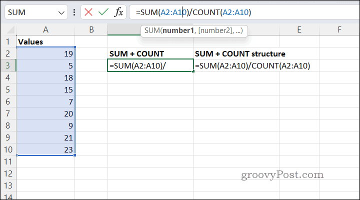 Вычисление средних значений с использованием SUMCOUNT в Excel