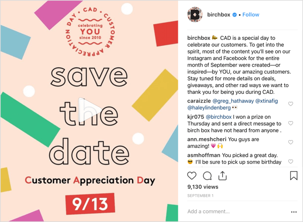 Аккаунт Birchbox в Instagram угощал подписчиков предложениями, подарками и сюрпризами в честь Дня благодарности клиентов.