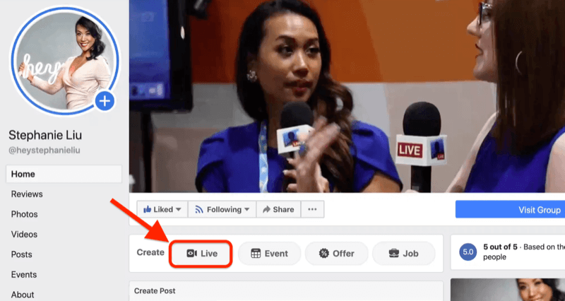 перейти в прямом эфире на facebook, нажав кнопку live на своей бизнес-странице facebook