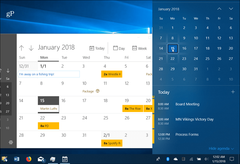 Календарь событий Windows 10 Taskbar