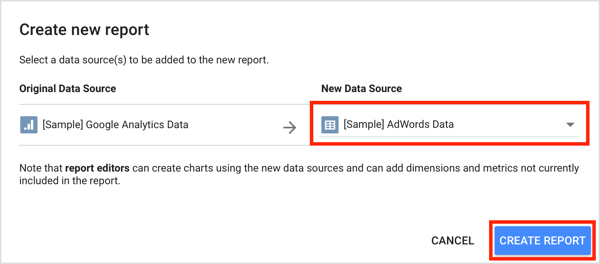 Выберите свой источник данных из раскрывающегося меню и нажмите «Создать отчет».