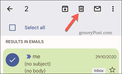 Удаление выбранных писем в Gmail на мобильном телефоне