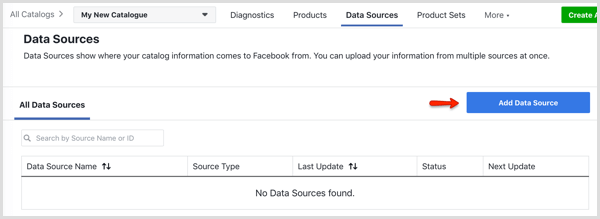 Кнопка Добавить источник данных на вкладке Источники данных в Менеджере каталогов Facebook