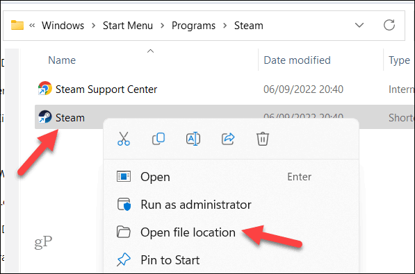 Откройте расположение ярлыка Steam.