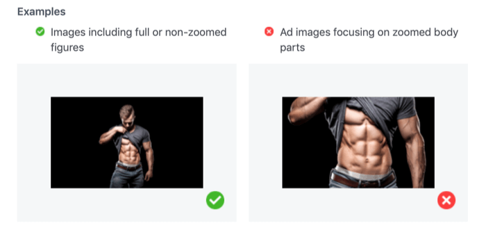 допустимые и неприемлемые фотографии с увеличенными частями тела для рекламы в Facebook