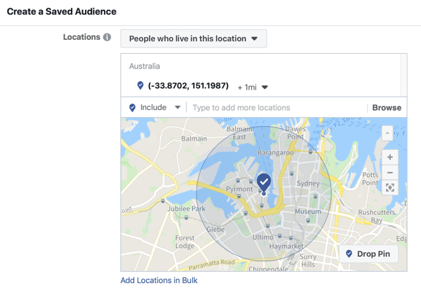 Как продвигать прямую трансляцию на Facebook, шаг 5, возможность создать сохраненную аудиторию в зависимости от места проведения мероприятия