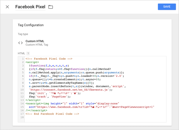 В Диспетчере тегов Google выберите параметр Пользовательский HTML и вставьте код отслеживания, который вы скопировали из Facebook, в поле HTML.
