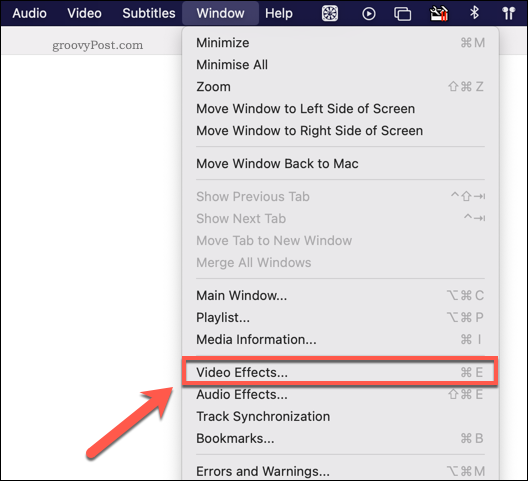 Доступ к меню видеоэффектов VLC на Mac