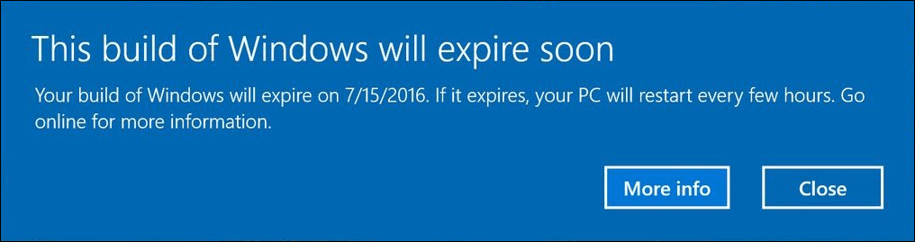 Windows 10 Insider Preview создает оповещения пользователей с уведомлениями об истечении срока действия