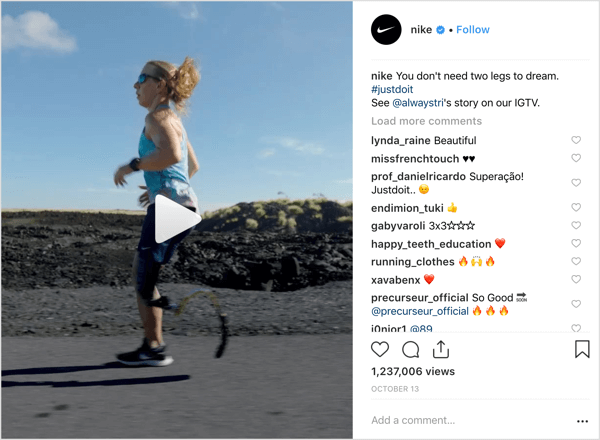 Сообщение Nike в Instagram, продвигающее IGTV