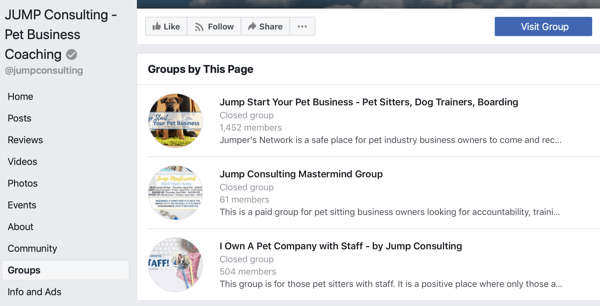 Как использовать функции групп Facebook, пример групп на странице Facebook, JUMP Consulting