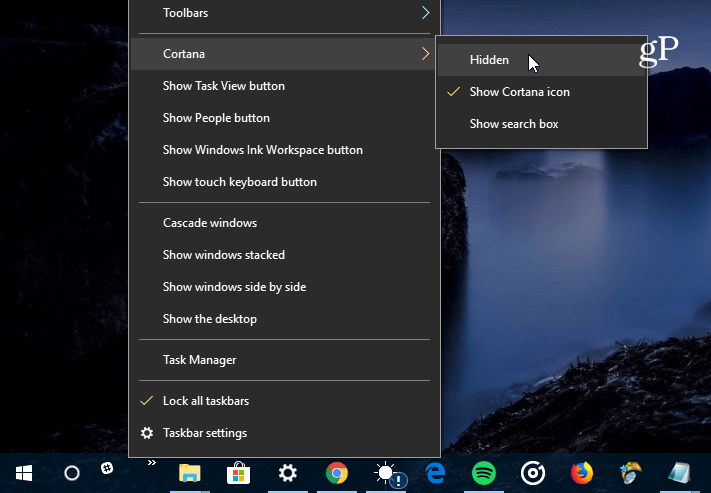 скрыть окно поиска Cortana