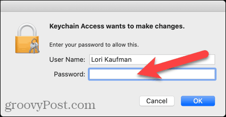 Введите имя пользователя и пароль для Keychain Access