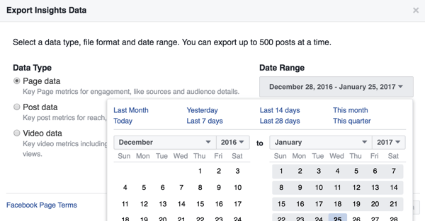Вы можете изменить диапазон дат для загружаемых данных Facebook Insights.