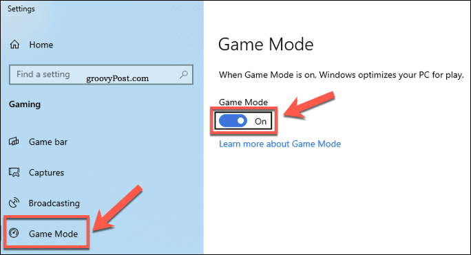 Настройки Windows Меню игрового режима