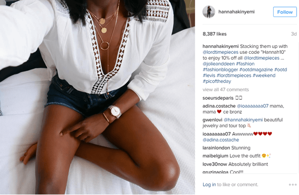 Модель Hannah Akinyemi имеет часы от Lord Timepieces вместе с кодом скидки в Instagram.